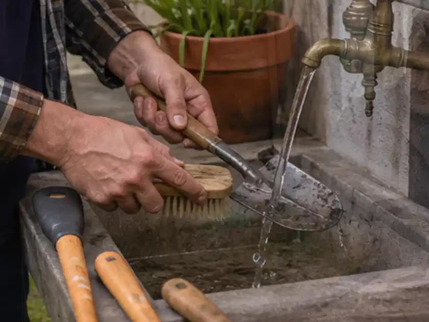 Hände reinigen gebrauchte Gartengeräte mit Bürste und Wasser am Außenbecken; Thema Motorsensen, Schwerpunkt Vergleich; Titelbild.
