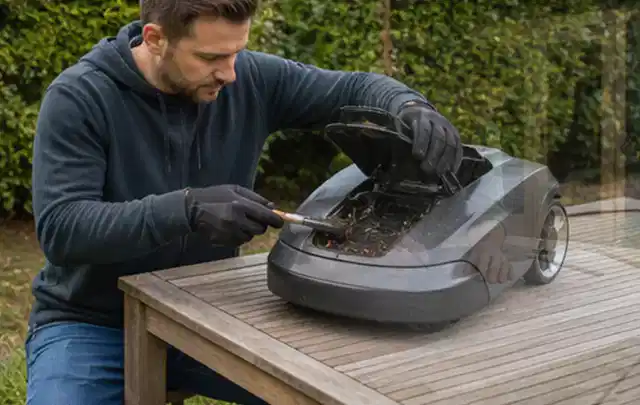 Person wartet einen geöffneten Mähroboter auf einem stabilen Gartentisch; Thema Motorsensen, Schwerpunkt Winterlager; Umsetzung.
