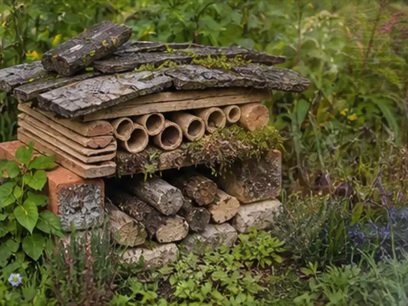 Naturnaher Unterschlupf aus Holz Rinde und Pflanzenstängeln im Garten; Thema Naturgarten, Schwerpunkt Anleitung; Titelbild.