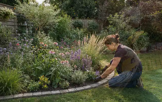Person pflegt die klare Kante eines geschwungenen blühenden Staudenbeets; Thema Naturgarten, Schwerpunkt Anleitung; Ausgangslage.