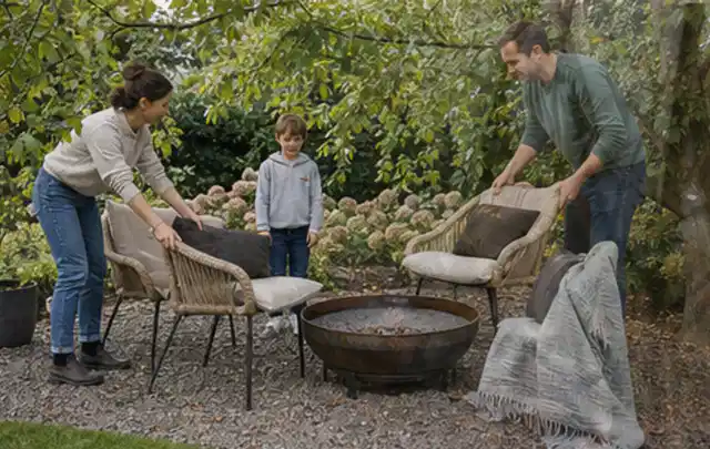 Familie stellt wetterfeste Sessel an einem geschützten Sitzplatz im Garten auf; Thema Naturgarten, Schwerpunkt Anleitung; Kontrolle.