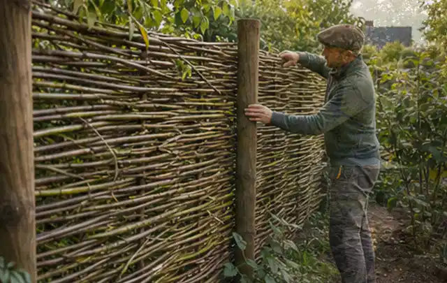 Person befestigt geflochtene Weidenruten an stabilen Holzpfosten im Garten; Thema Naturgarten, Schwerpunkt Anleitung; Ergebnis.