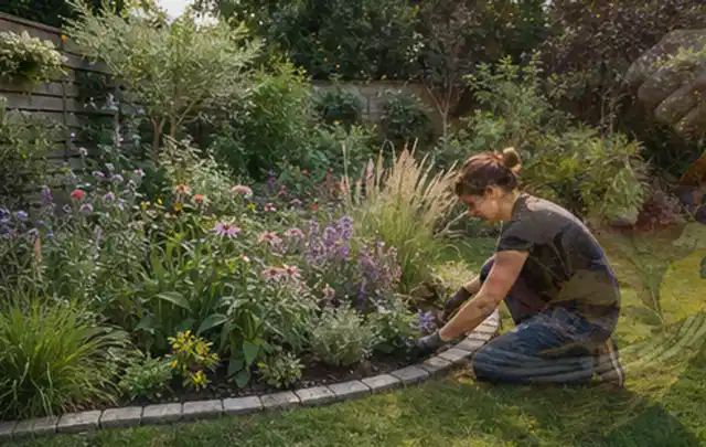 Person pflegt die klare Kante eines geschwungenen blühenden Staudenbeets; Thema Naturgarten, Schwerpunkt Beleuchtung; Ausgangslage.