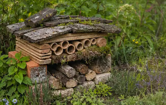 Naturnaher Unterschlupf aus Holz Rinde und Pflanzenstängeln im Garten; Thema Naturgarten, Schwerpunkt Beleuchtung; Ergebnis.