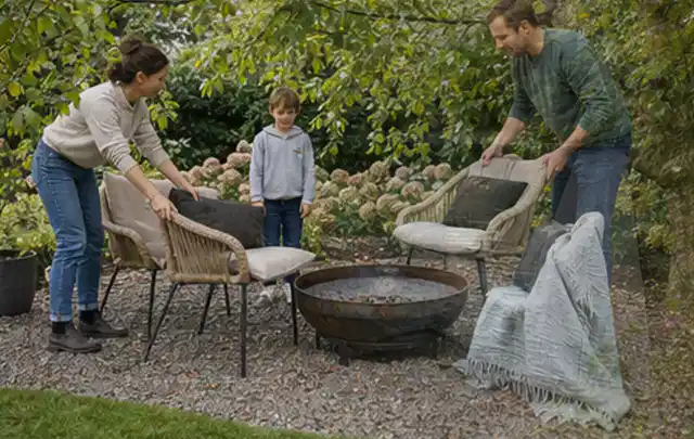 Familie stellt wetterfeste Sessel an einem geschützten Sitzplatz im Garten auf; Thema Naturgarten, Schwerpunkt Beleuchtung; Praxisalltag.