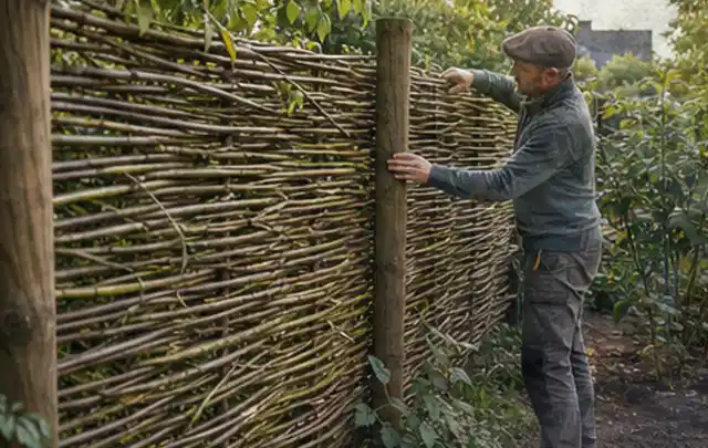Person befestigt geflochtene Weidenruten an stabilen Holzpfosten im Garten; Thema Naturgarten, Schwerpunkt Bepflanzung; Ausgangslage.