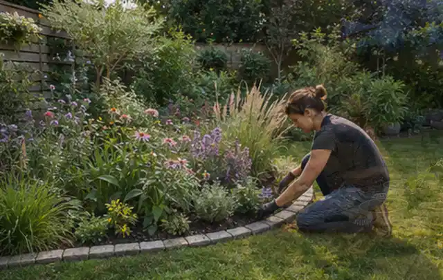 Person pflegt die klare Kante eines geschwungenen blühenden Staudenbeets; Thema Naturgarten, Schwerpunkt Bepflanzung; Ergebnis.