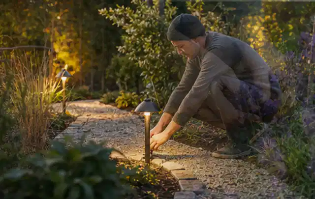 Person richtet eine niedrige warm leuchtende Gartenlampe am Kiesweg aus; Thema Naturgarten, Schwerpunkt Bepflanzung; Praxisalltag.