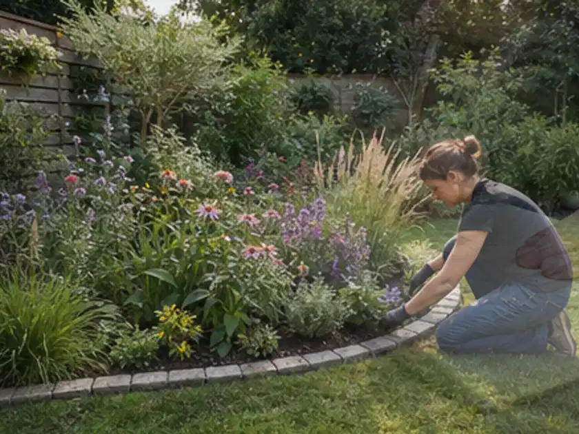 Person pflegt die klare Kante eines geschwungenen blühenden Staudenbeets; Thema Naturgarten, Schwerpunkt Checkliste; Titelbild.
