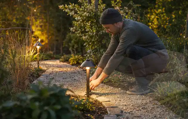 Person richtet eine niedrige warm leuchtende Gartenlampe am Kiesweg aus; Thema Naturgarten, Schwerpunkt Checkliste; Ausgangslage.