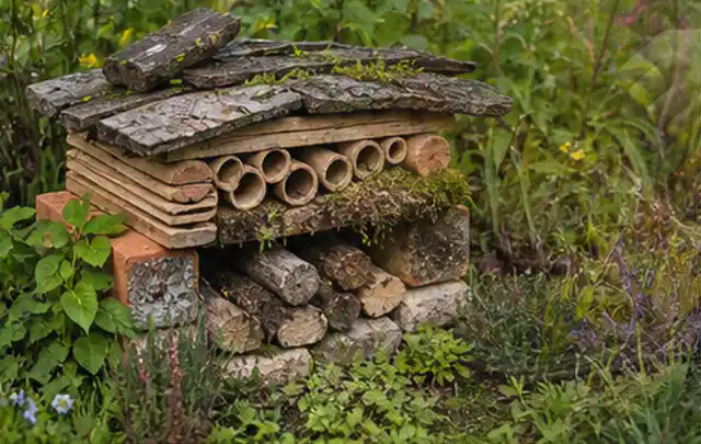 Naturnaher Unterschlupf aus Holz Rinde und Pflanzenstängeln im Garten; Thema Naturgarten, Schwerpunkt Checkliste; Umsetzung.