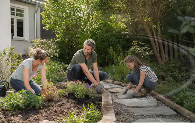 Familie geht auf einem Weg durch einen abwechslungsreich gestalteten Garten; Thema Naturgarten, Schwerpunkt Checkliste; Kontrolle.