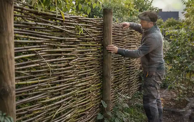 Person befestigt geflochtene Weidenruten an stabilen Holzpfosten im Garten; Thema Naturgarten, Schwerpunkt Gärten mit kleiner Fläche; Ausgangslage.