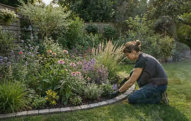 Person pflegt die klare Kante eines geschwungenen blühenden Staudenbeets; Thema Naturgarten, Schwerpunkt Gärten mit kleiner Fläche; Umsetzung.