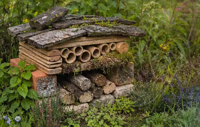 Naturnaher Unterschlupf aus Holz Rinde und Pflanzenstängeln im Garten; Thema Naturgarten, Schwerpunkt Gärten mit kleiner Fläche; Kontrolle.