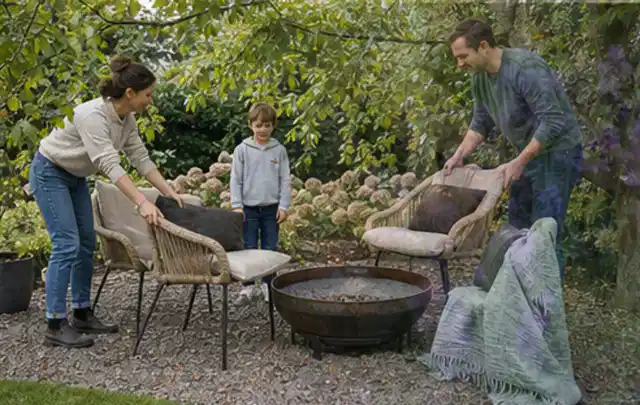 Familie stellt wetterfeste Sessel an einem geschützten Sitzplatz im Garten auf; Thema Naturgarten, Schwerpunkt Gärten mit kleiner Fläche; Praxisalltag.