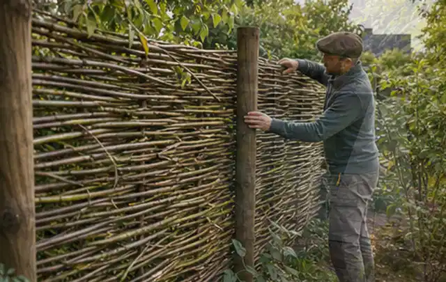 Person befestigt geflochtene Weidenruten an stabilen Holzpfosten im Garten; Thema Naturgarten, Schwerpunkt Garten gestalten; Umsetzung.