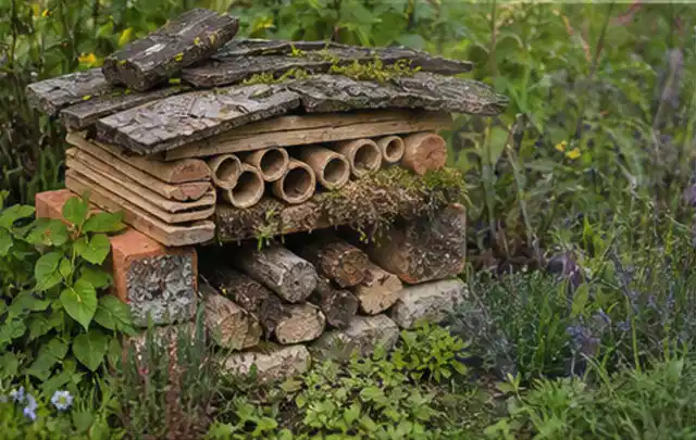 Naturnaher Unterschlupf aus Holz Rinde und Pflanzenstängeln im Garten; Thema Naturgarten, Schwerpunkt Garten gestalten; Ergebnis.