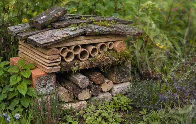 Naturnaher Unterschlupf aus Holz Rinde und Pflanzenstängeln im Garten; Thema Naturgarten, Schwerpunkt Hanglage; Ausgangslage.
