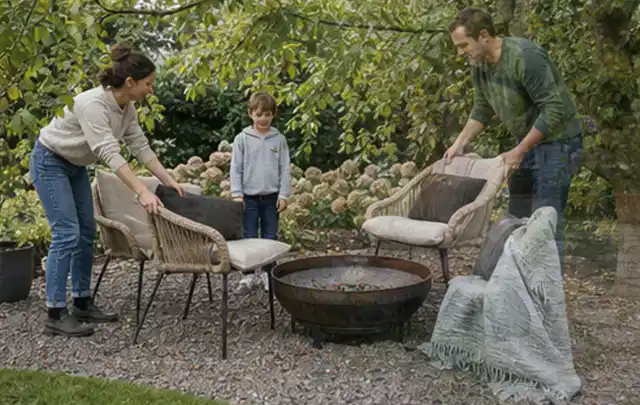 Familie stellt wetterfeste Sessel an einem geschützten Sitzplatz im Garten auf; Thema Naturgarten, Schwerpunkt Hanglage; Kontrolle.
