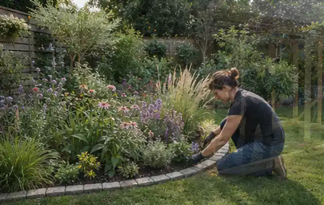 Person pflegt die klare Kante eines geschwungenen blühenden Staudenbeets; Thema Naturgarten, Schwerpunkt Hanglage; Ergebnis.