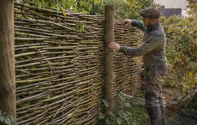 Person befestigt geflochtene Weidenruten an stabilen Holzpfosten im Garten; Thema Naturgarten, Schwerpunkt Hanglage; Praxisalltag.