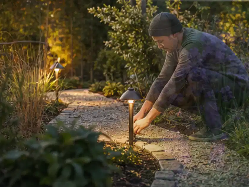 Person richtet eine niedrige warm leuchtende Gartenlampe am Kiesweg aus; Thema Naturgarten, Schwerpunkt Inspiration; Titelbild.