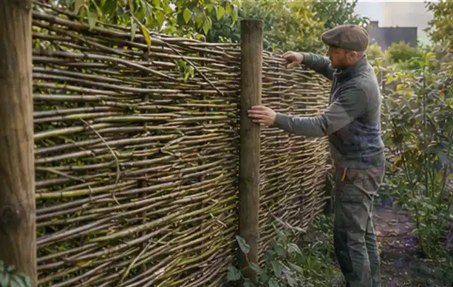 Person befestigt geflochtene Weidenruten an stabilen Holzpfosten im Garten; Thema Naturgarten, Schwerpunkt Inspiration; Ausgangslage.