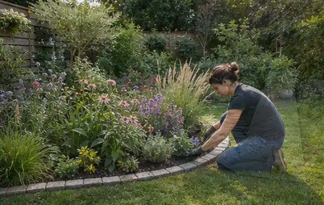 Person pflegt die klare Kante eines geschwungenen blühenden Staudenbeets; Thema Naturgarten, Schwerpunkt Inspiration; Umsetzung.