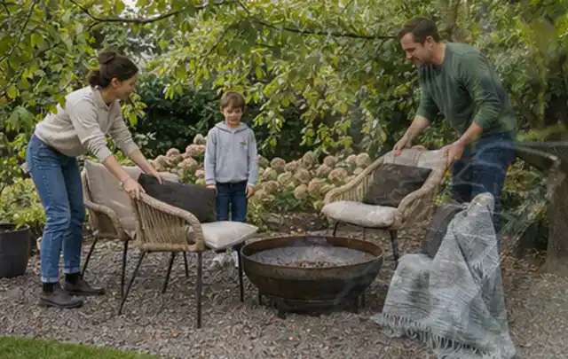 Familie stellt wetterfeste Sessel an einem geschützten Sitzplatz im Garten auf; Thema Naturgarten, Schwerpunkt Inspiration; Kontrolle.