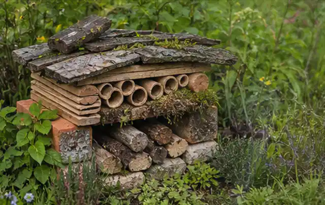 Naturnaher Unterschlupf aus Holz Rinde und Pflanzenstängeln im Garten; Thema Naturgarten, Schwerpunkt Inspiration; Praxisalltag.