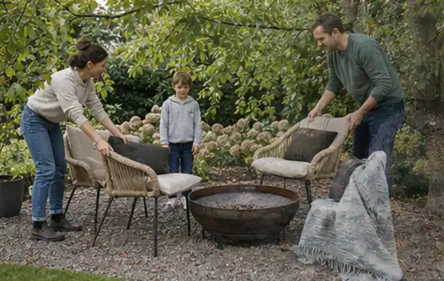 Familie stellt wetterfeste Sessel an einem geschützten Sitzplatz im Garten auf; Thema Naturgarten, Schwerpunkt Kosten; Umsetzung.