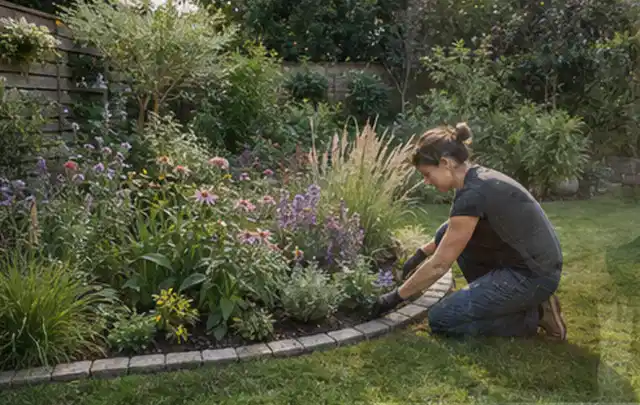 Person pflegt die klare Kante eines geschwungenen blühenden Staudenbeets; Thema Naturgarten, Schwerpunkt Kosten; Kontrolle.