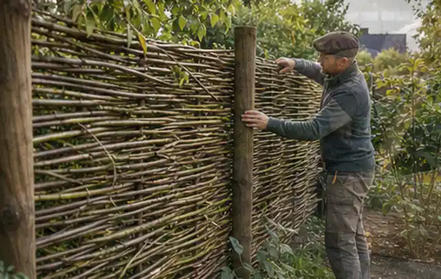 Person befestigt geflochtene Weidenruten an stabilen Holzpfosten im Garten; Thema Naturgarten, Schwerpunkt Kosten; Praxisalltag.