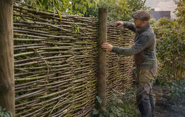Person befestigt geflochtene Weidenruten an stabilen Holzpfosten im Garten; Thema Naturgarten, Schwerpunkt Materialwahl; Ausgangslage.