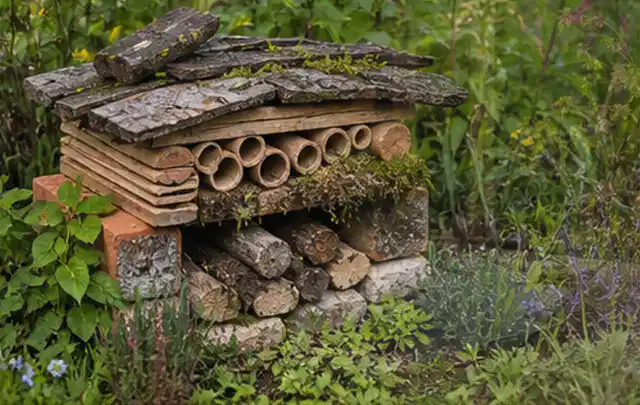 Naturnaher Unterschlupf aus Holz Rinde und Pflanzenstängeln im Garten; Thema Naturgarten, Schwerpunkt Materialwahl; Ergebnis.