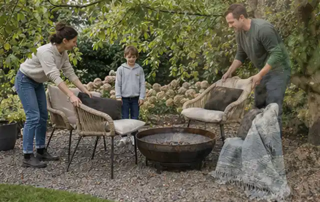 Familie stellt wetterfeste Sessel an einem geschützten Sitzplatz im Garten auf; Thema Naturgarten, Schwerpunkt Materialwahl; Praxisalltag.