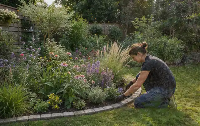 Person pflegt die klare Kante eines geschwungenen blühenden Staudenbeets; Thema Naturgarten, Schwerpunkt Pflegeleichtigkeit; Umsetzung.