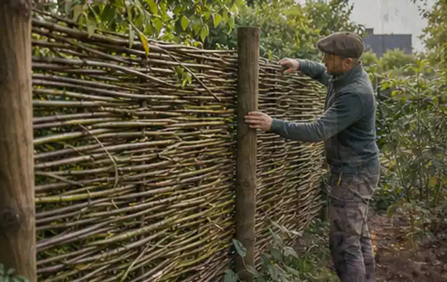 Person befestigt geflochtene Weidenruten an stabilen Holzpfosten im Garten; Thema Naturgarten, Schwerpunkt Pflegeleichtigkeit; Kontrolle.