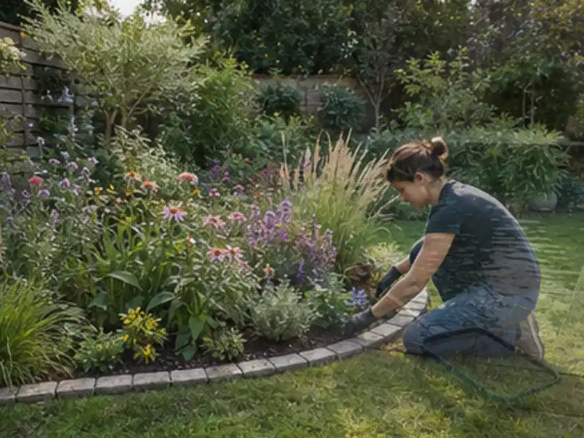 Person pflegt die klare Kante eines geschwungenen blühenden Staudenbeets; Thema Naturgarten, Schwerpunkt Planung; Titelbild.