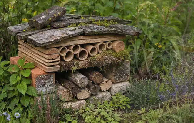 Naturnaher Unterschlupf aus Holz Rinde und Pflanzenstängeln im Garten; Thema Naturgarten, Schwerpunkt Planung; Umsetzung.