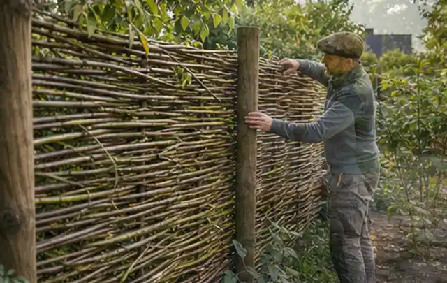 Person befestigt geflochtene Weidenruten an stabilen Holzpfosten im Garten; Thema Naturgarten, Schwerpunkt Planung; Praxisalltag.