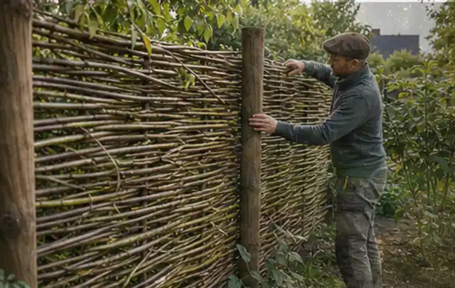 Person befestigt geflochtene Weidenruten an stabilen Holzpfosten im Garten; Thema Naturgarten, Schwerpunkt Praxisbeispiele; Ausgangslage.