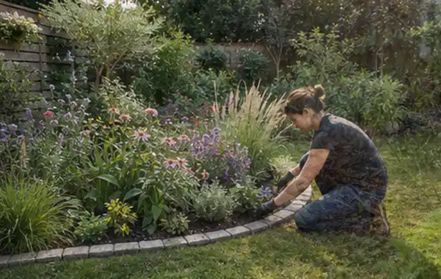 Person pflegt die klare Kante eines geschwungenen blühenden Staudenbeets; Thema Naturgarten, Schwerpunkt Praxisbeispiele; Umsetzung.