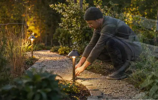 Person richtet eine niedrige warm leuchtende Gartenlampe am Kiesweg aus; Thema Naturgarten, Schwerpunkt Praxisbeispiele; Kontrolle.