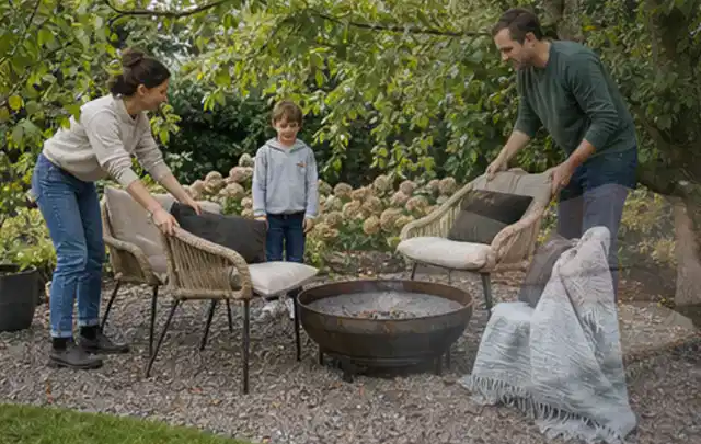 Familie stellt wetterfeste Sessel an einem geschützten Sitzplatz im Garten auf; Thema Naturgarten, Schwerpunkt Praxisbeispiele; Ergebnis.