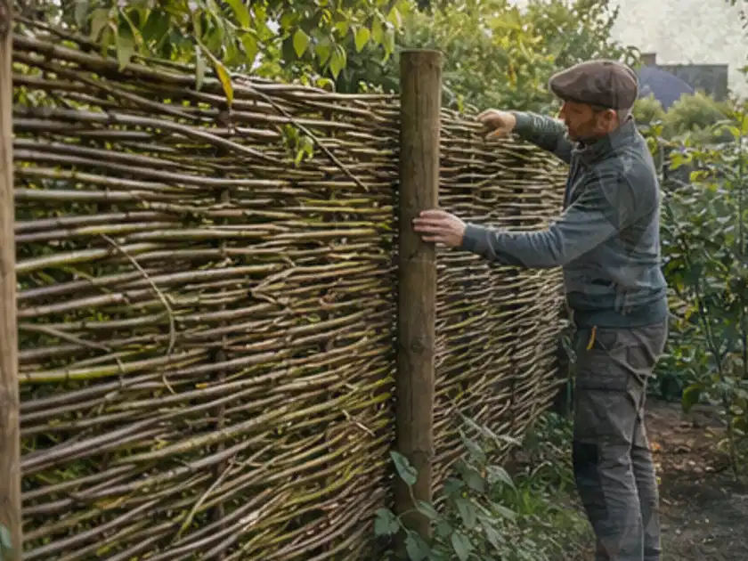 Person befestigt geflochtene Weidenruten an stabilen Holzpfosten im Garten; Thema Naturgarten, Schwerpunkt Privatsphäre; Titelbild.