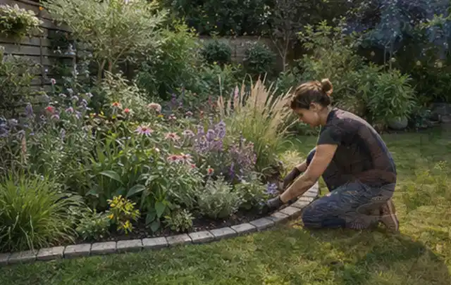 Person pflegt die klare Kante eines geschwungenen blühenden Staudenbeets; Thema Naturgarten, Schwerpunkt Privatsphäre; Kontrolle.