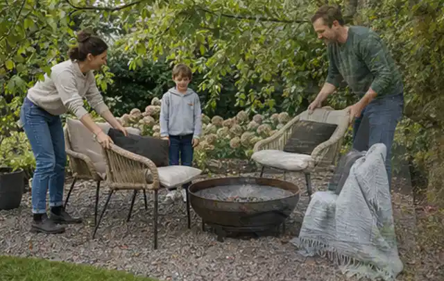Familie stellt wetterfeste Sessel an einem geschützten Sitzplatz im Garten auf; Thema Naturgarten, Schwerpunkt Privatsphäre; Praxisalltag.