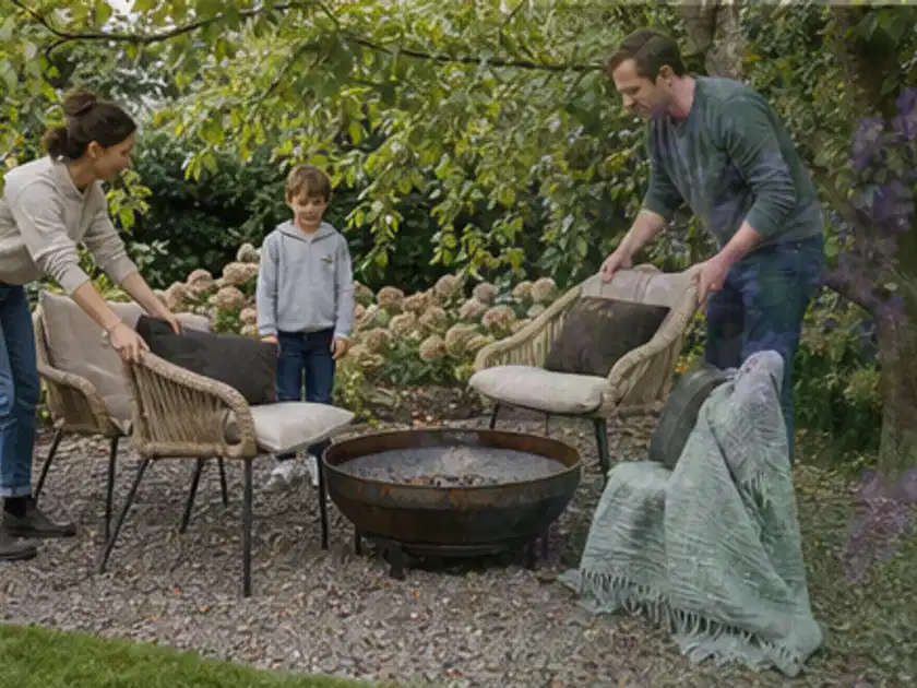 Familie stellt wetterfeste Sessel an einem geschützten Sitzplatz im Garten auf; Thema Naturgarten, Schwerpunkt Wegeführung; Titelbild.